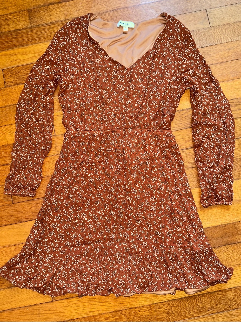 Gilli Rust Brown Floral Long Sleeve V-Neck Mini Dress
